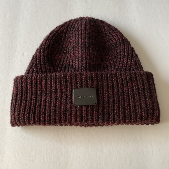 ALLSAINTS TRAVELING RIB MARL WOOL BLEND BEANIE OS UNISEX BLACK/PORT NWOT